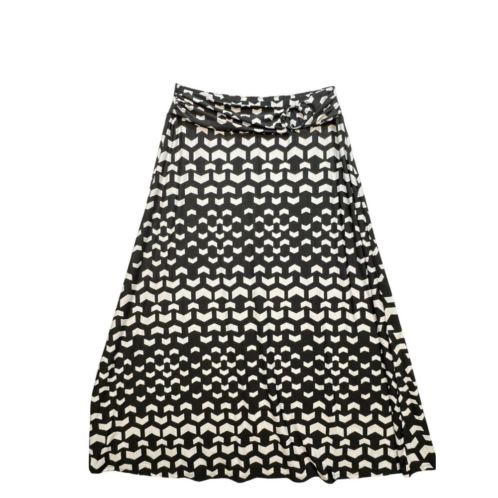Robert Louis Womens A-Line Midi Skirt Size L Black White Geometric Casual Chic